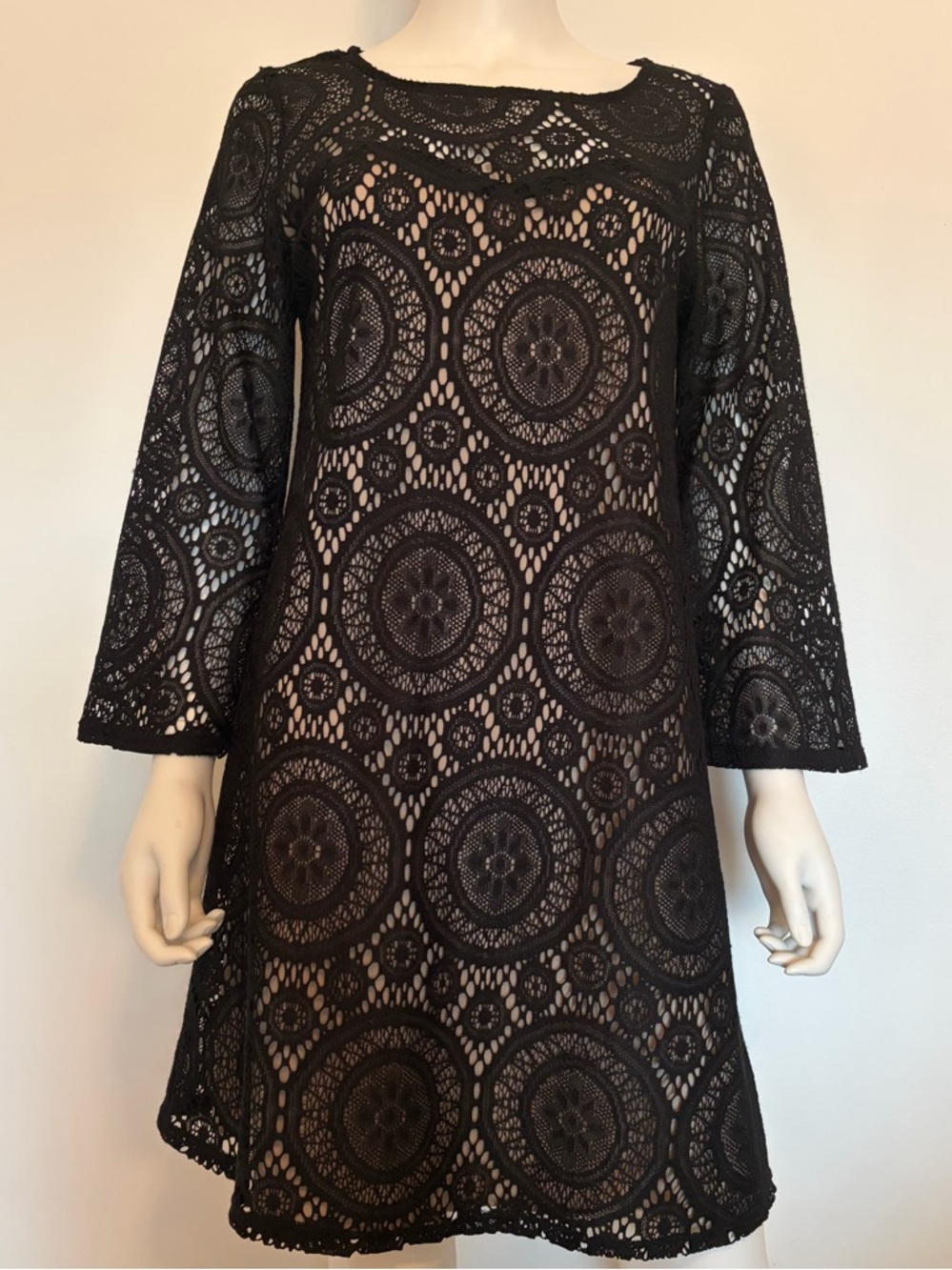 #597 Tacera Beautiful Black Long Sleeve Lace Shift Dress
